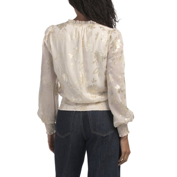HAVER + BLAIR Ivory/gold Yoryu Gold Tone Foil Blouse - Picture 2 of 2